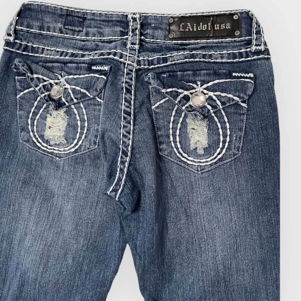 L.A. Idol distressed low rise bootcut jeans with contrast stitching - Picture 6 of 7